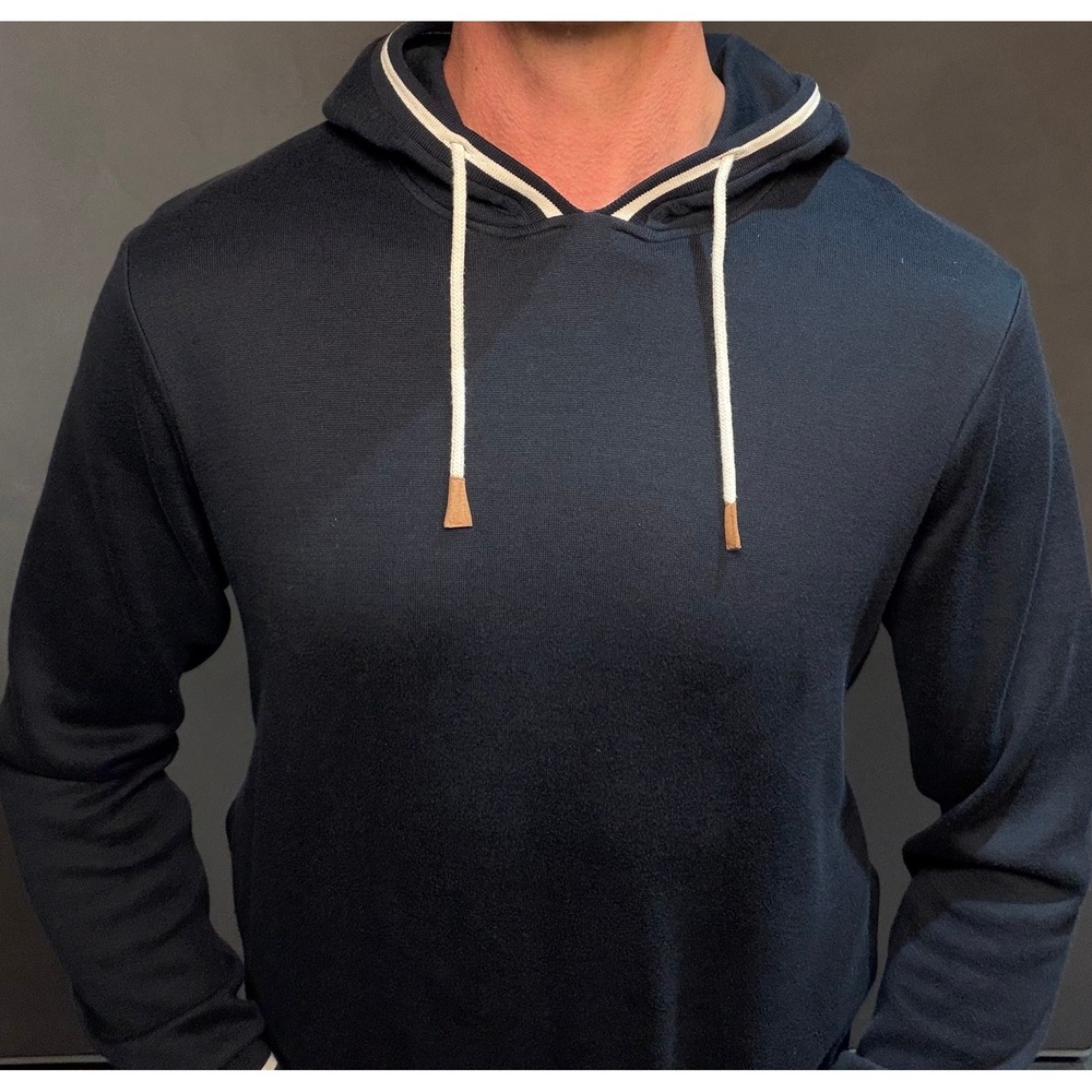 Eleventy Mens Platinum Knit Hoodie, M, Made in Italy—Contrast Trim, Navy